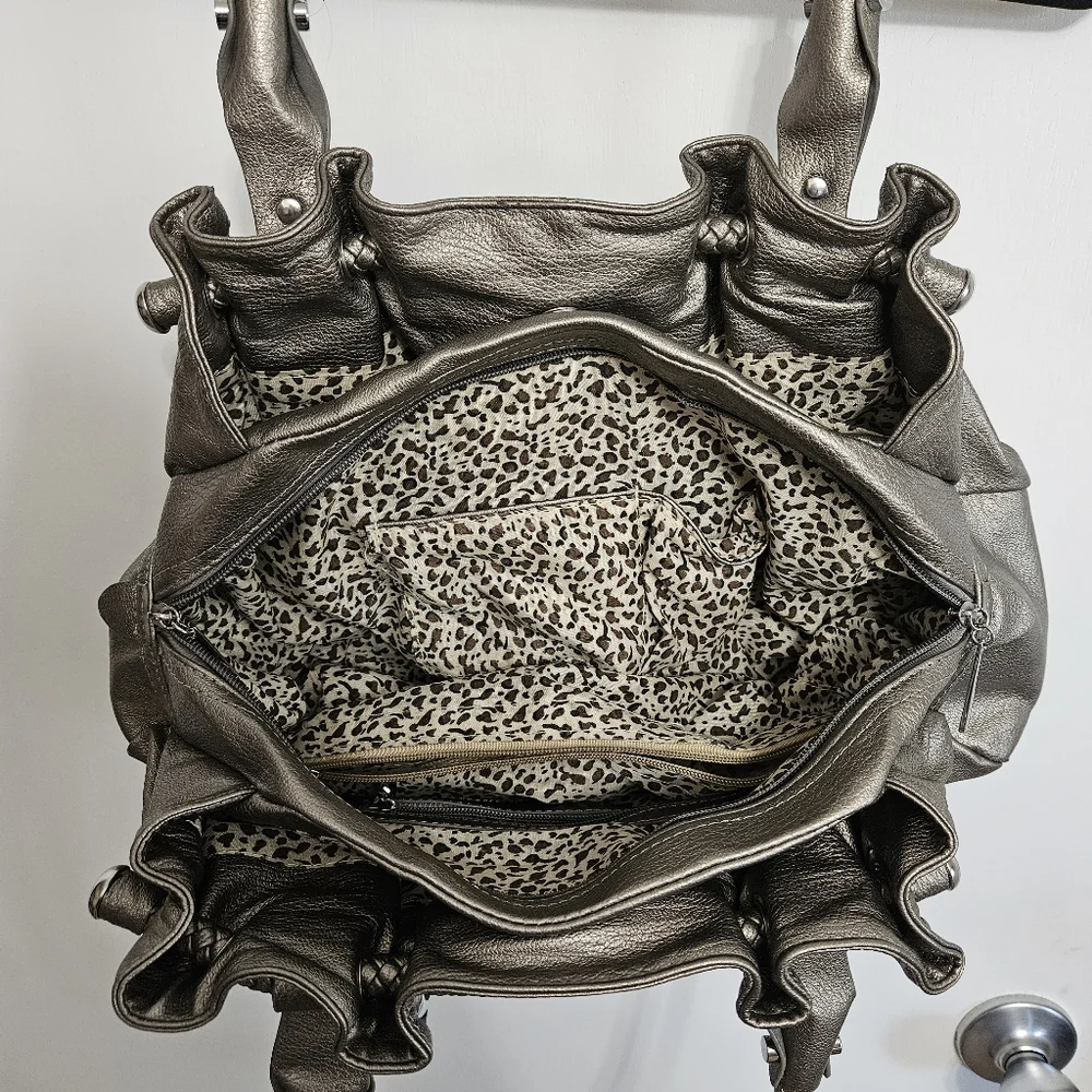 Silver Braided Handle Shoulder Bag Zip Top Double Magnetic Closure Purse
